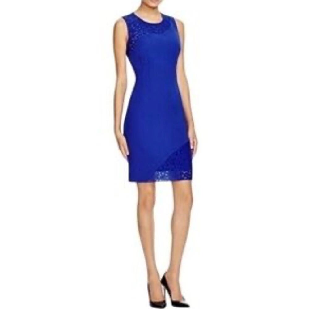 Tahari Dress Royal Blue Sheath Lace Detail‎ Sleeveless Size 6